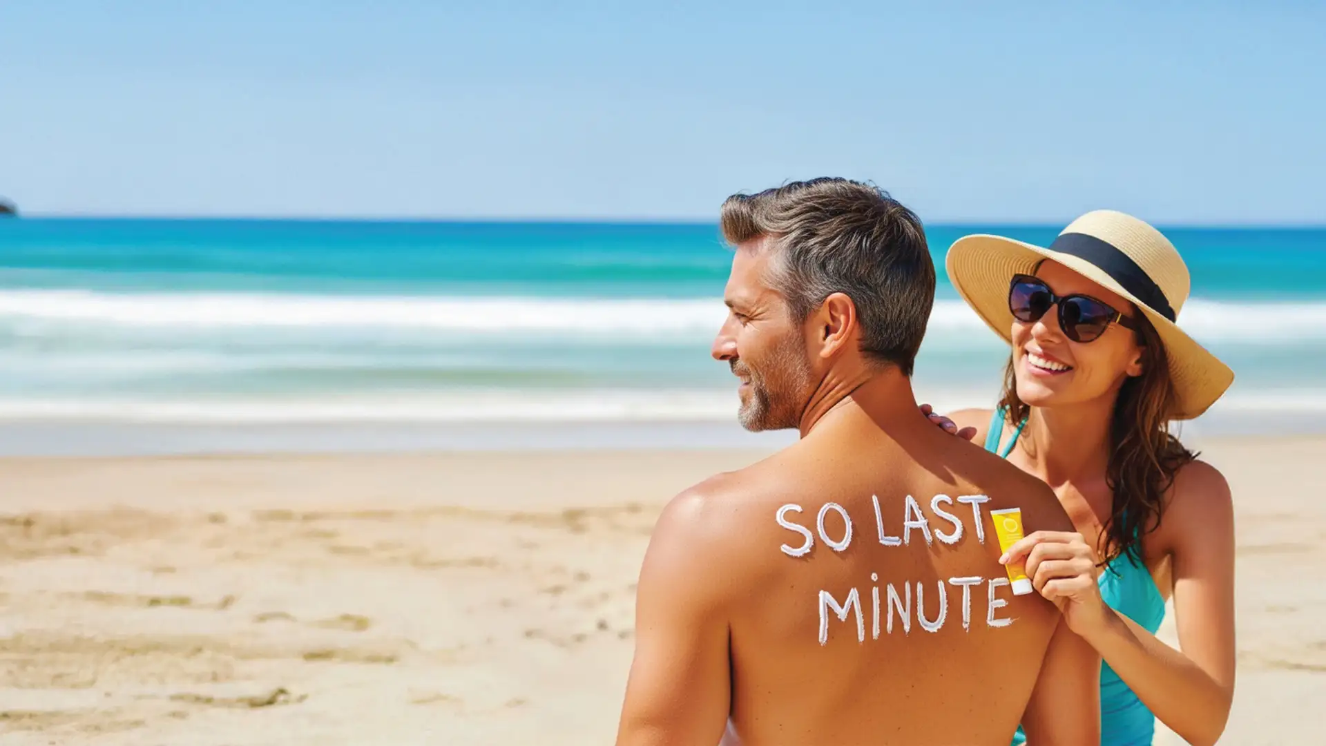 A woman applies sunscreen to a man's back on a beach. The words "SO LAST MINUTE" are written on his back. Both are smiling under a clear sky.
