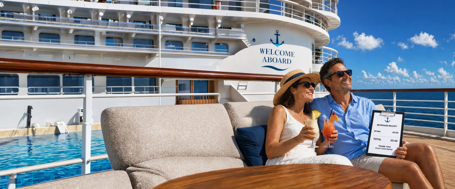 A couple relaxes with tropical drinks on a cruise ship deck, enjoying the sun. A "Welcome Aboard" sign and a beverage receipt are visible.