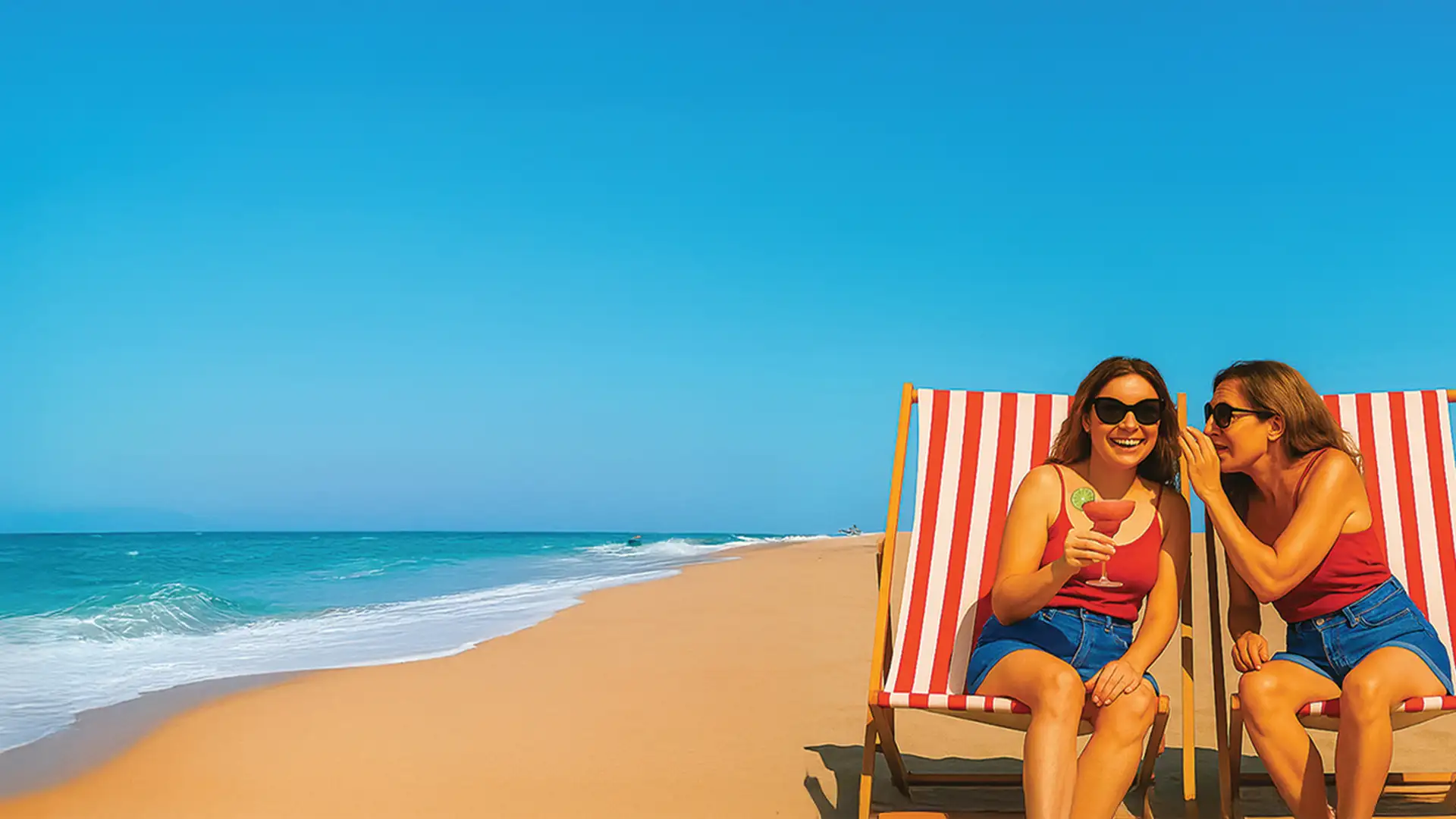 Two women in red tank tops and sunglasses sit on striped beach chairs, smiling and chatting on a sunny beach with clear blue skies and ocean waves.