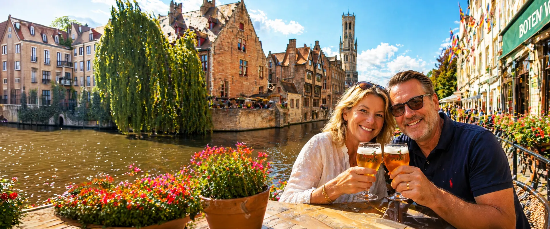 A couple enjoys beers at a terrace by a canal in Bruges, surrounded by historic buildings and vibrant flowers under a clear blue sky.