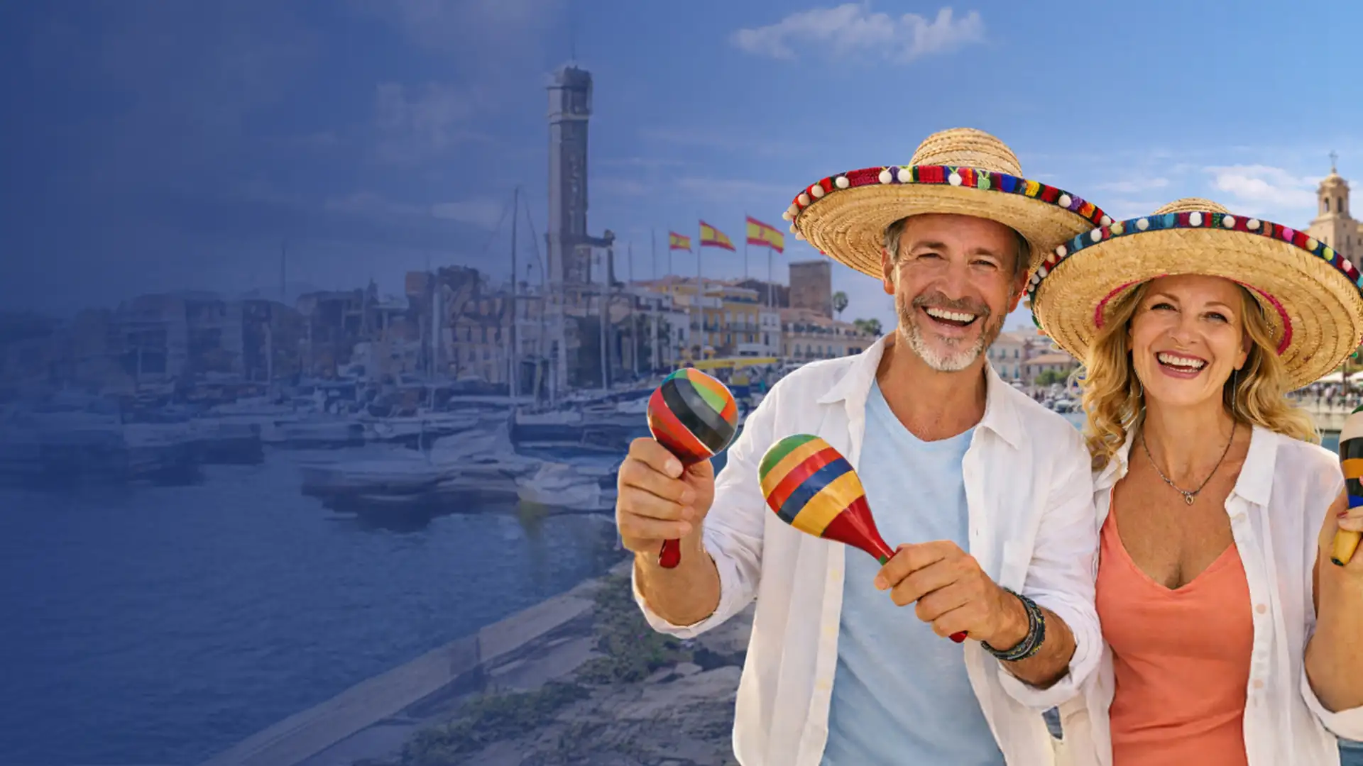 A smiling couple in straw hats holds maracas by a sunny waterfront, with boats and a lighthouse in the background.
