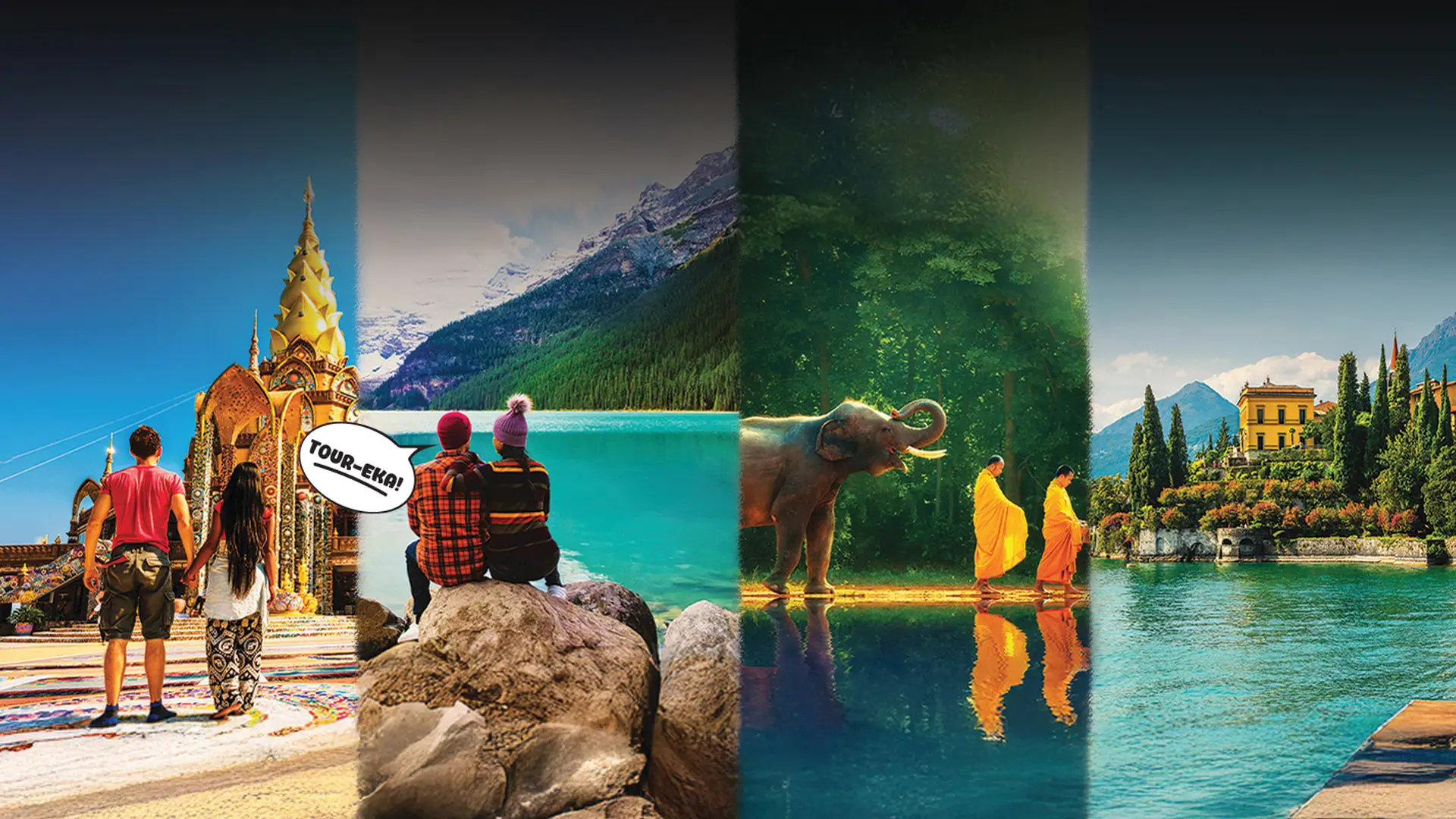A collage of diverse landscapes: a temple, snowy mountains, elephants, and a lakeside villa, representing various global travel destinations.