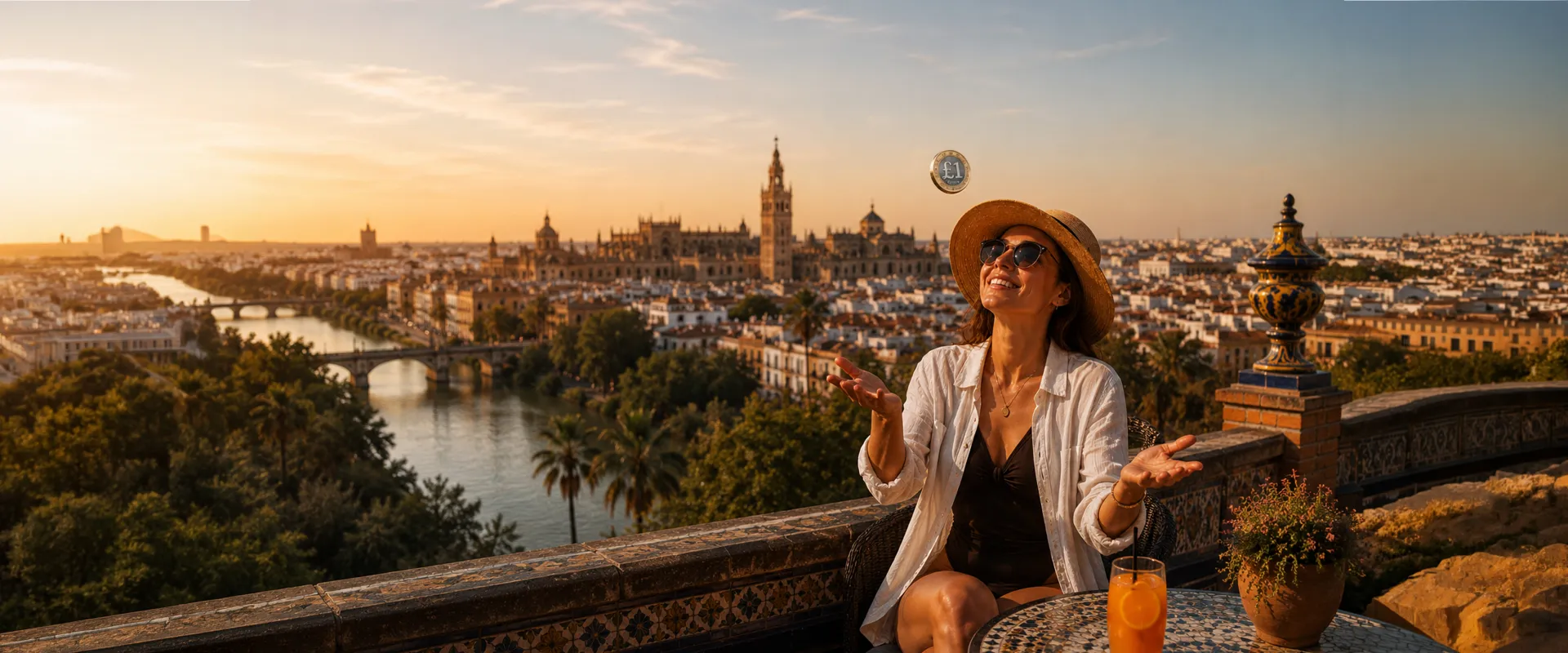 Woman in hat joyfully tossing a coin, seated with a drink, overlooking a scenic cityscape at sunset.