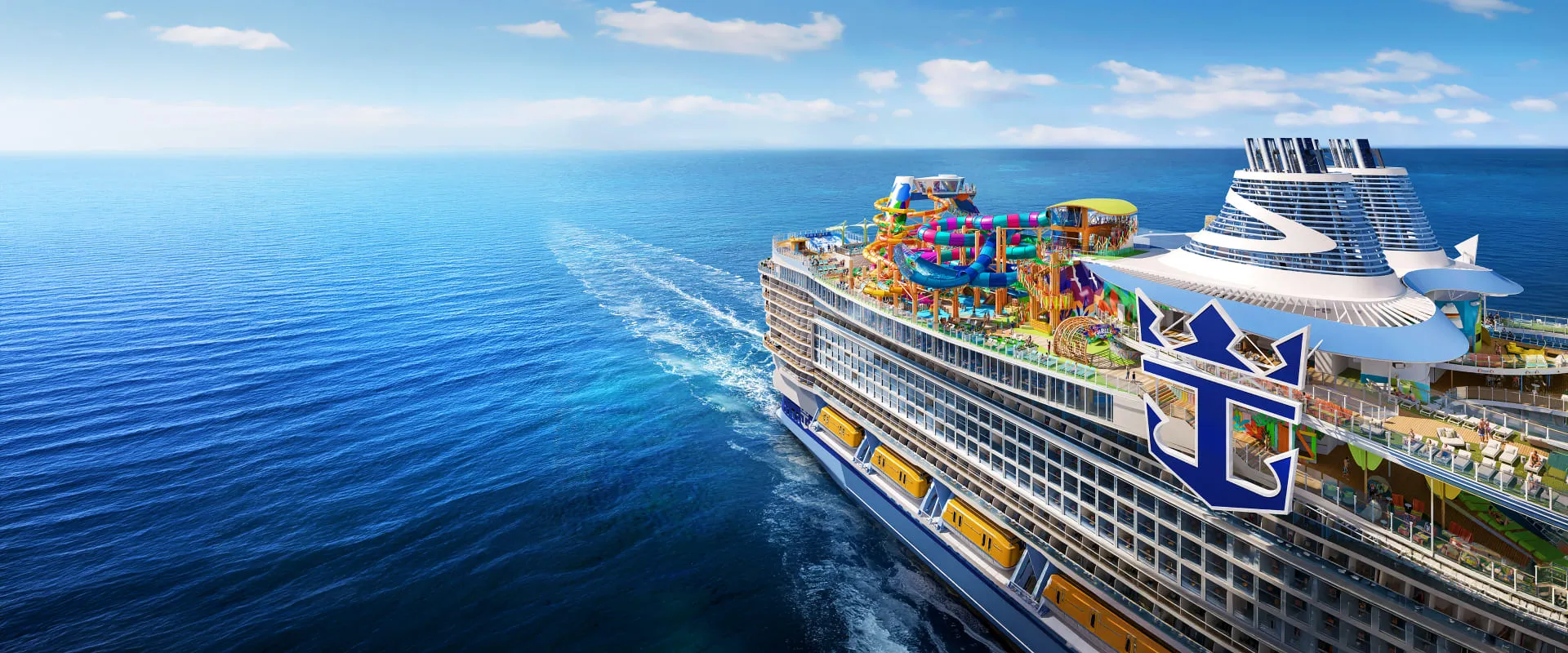 Legend of the Seas with colorful water slides and amenities sailing in the open ocean under a clear blue sky.
