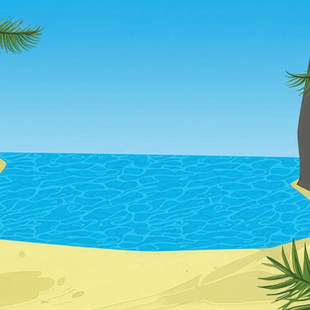 A serene beach scene with golden sand, turquoise water, and towering cliffs, framed by green pine branches under a clear blue sky.