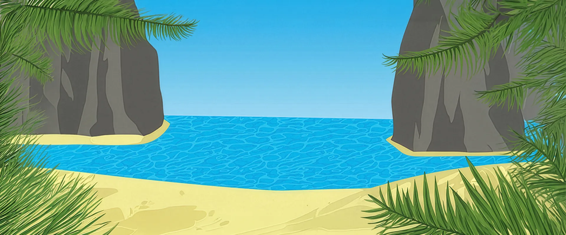 A serene beach scene with golden sand, turquoise water, and towering cliffs, framed by green pine branches under a clear blue sky.