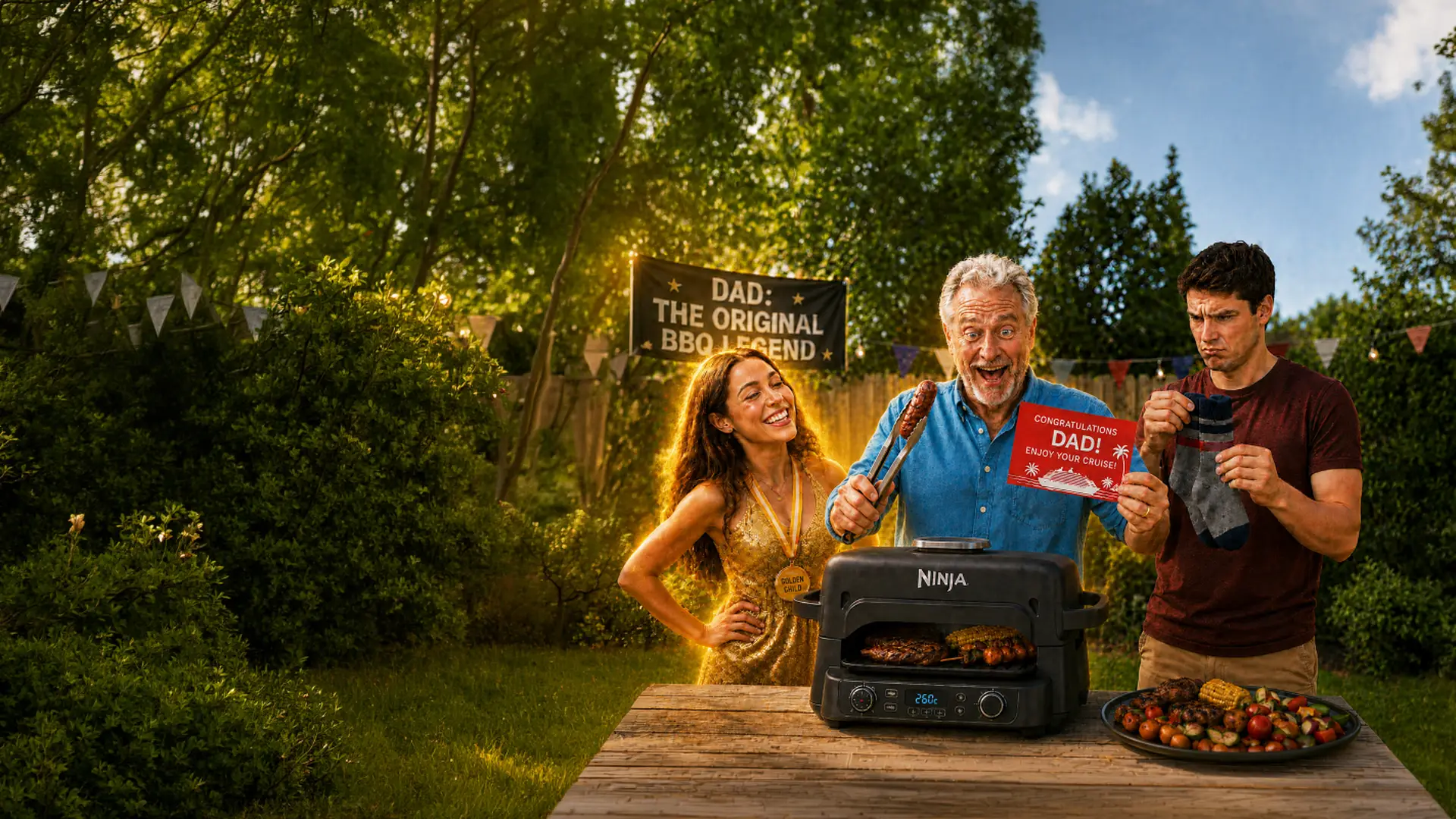 Three people are in a garden celebrating, with the center person holding a BBQ tool and a cruise congratulatory card. A Ninja grill is on the table.