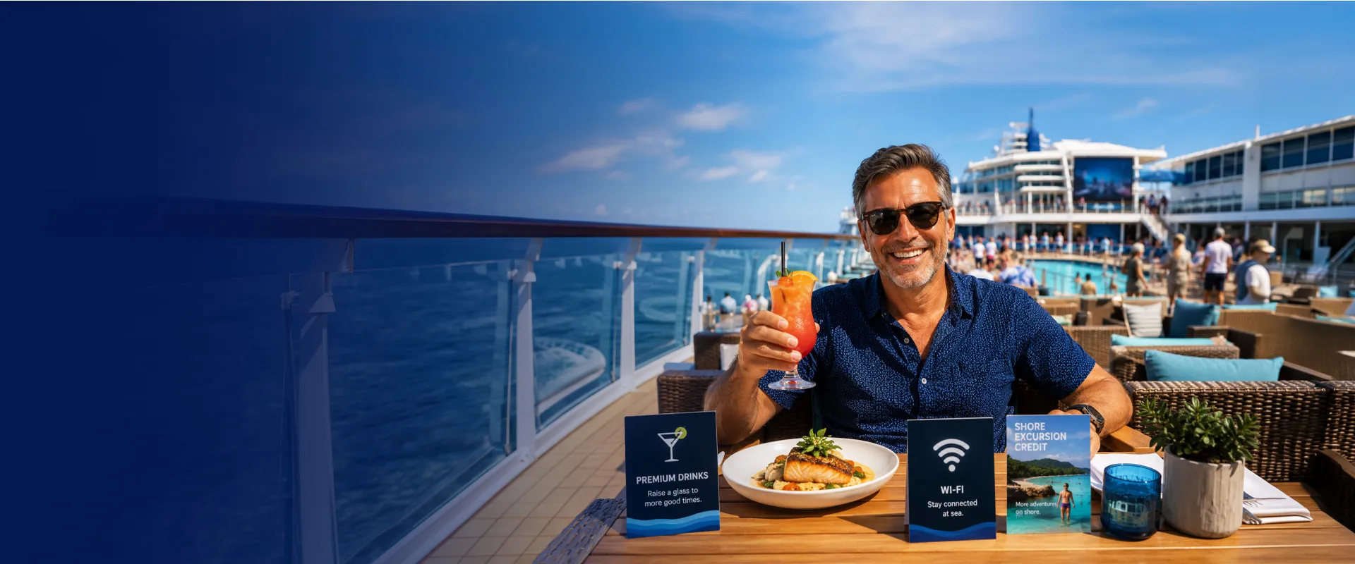 A man enjoys a cocktail and meal on a cruise ship deck, surrounded by promotional offerings, under a sunny sky with the ocean in the background.