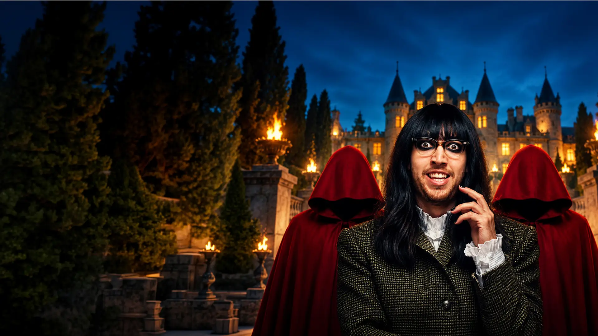Deal Nerd stands in front of a grand lit-up castle at night, flanked by two figures in red hooded cloaks.