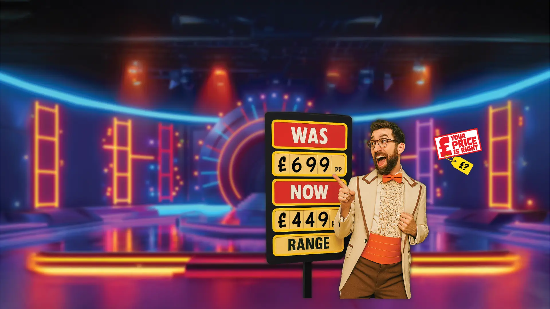 Deal nerd in funky suit, pointing to deal was £699 now £449