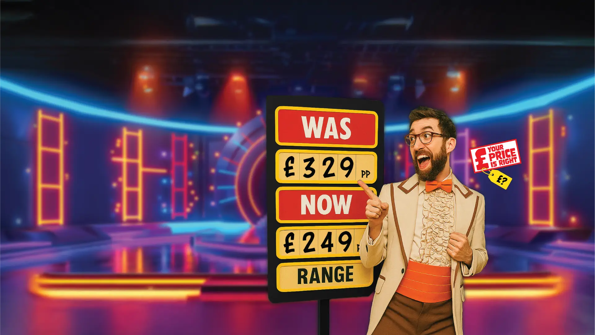 Deal nerd in funky suit, pointing to deal was £329 now £249