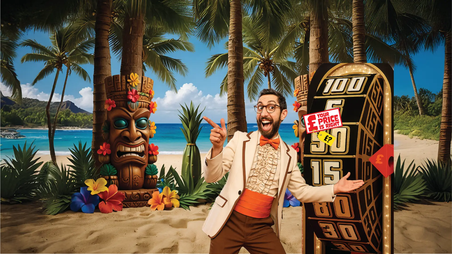 Deal nerd with Hawaiian tiki background on beach, with game show wheel spin in funky suit