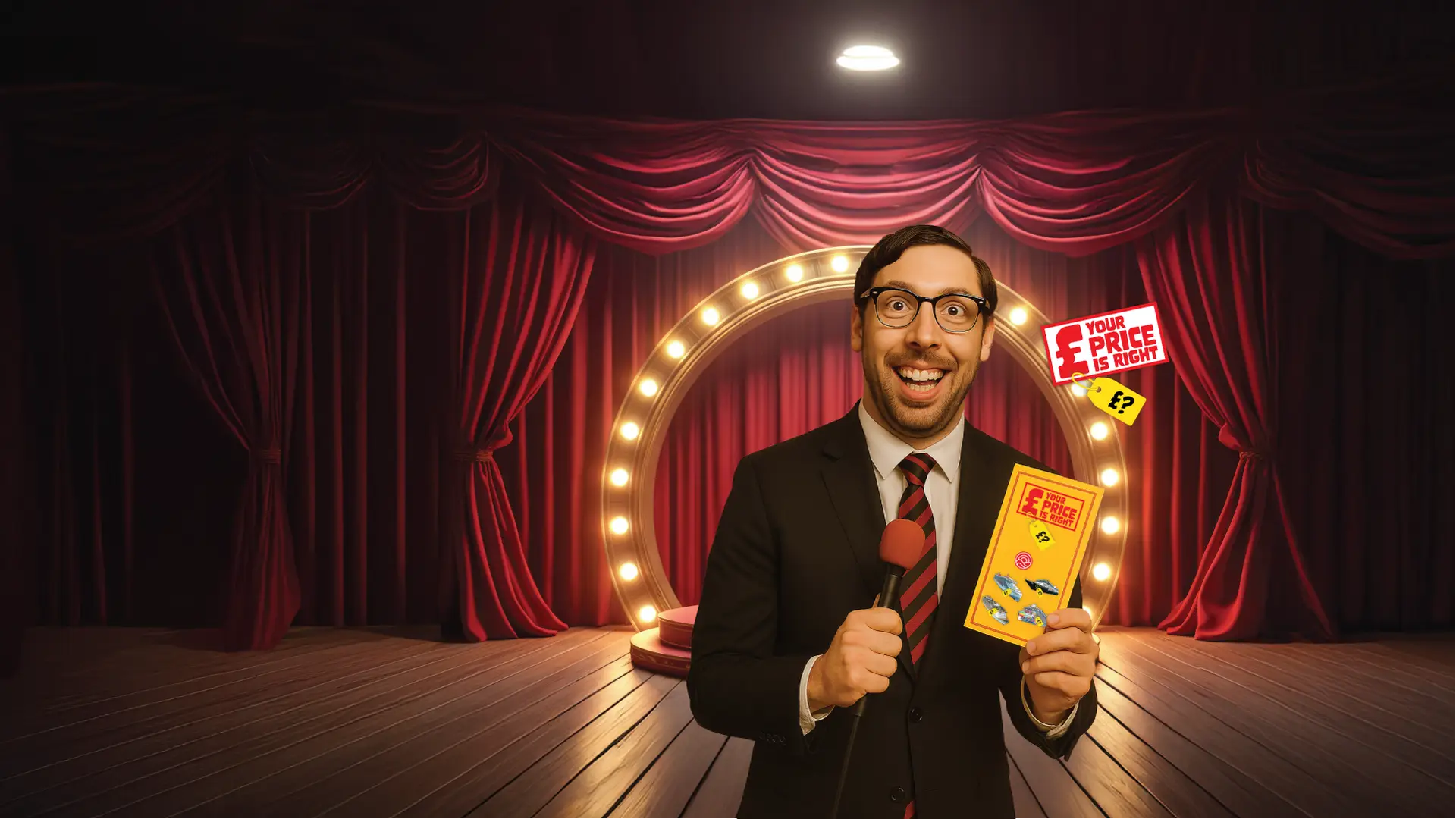 Deal nerd holding mystery ticket in front of lights and show curtain