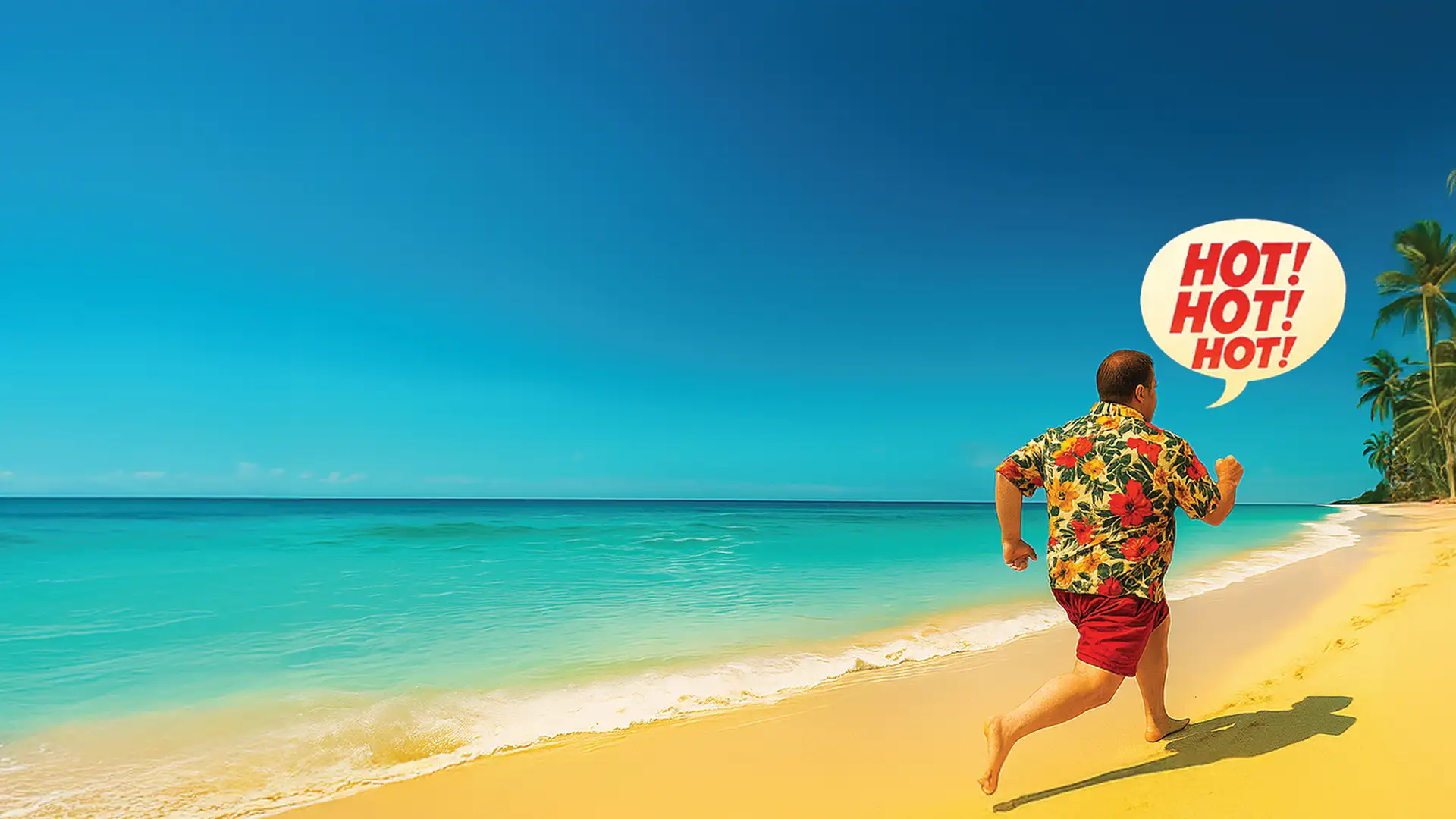 A person in a floral shirt runs on a sunny beach, holding a sandal, with a speech bubble saying "Hot! Hot! Hot!"
