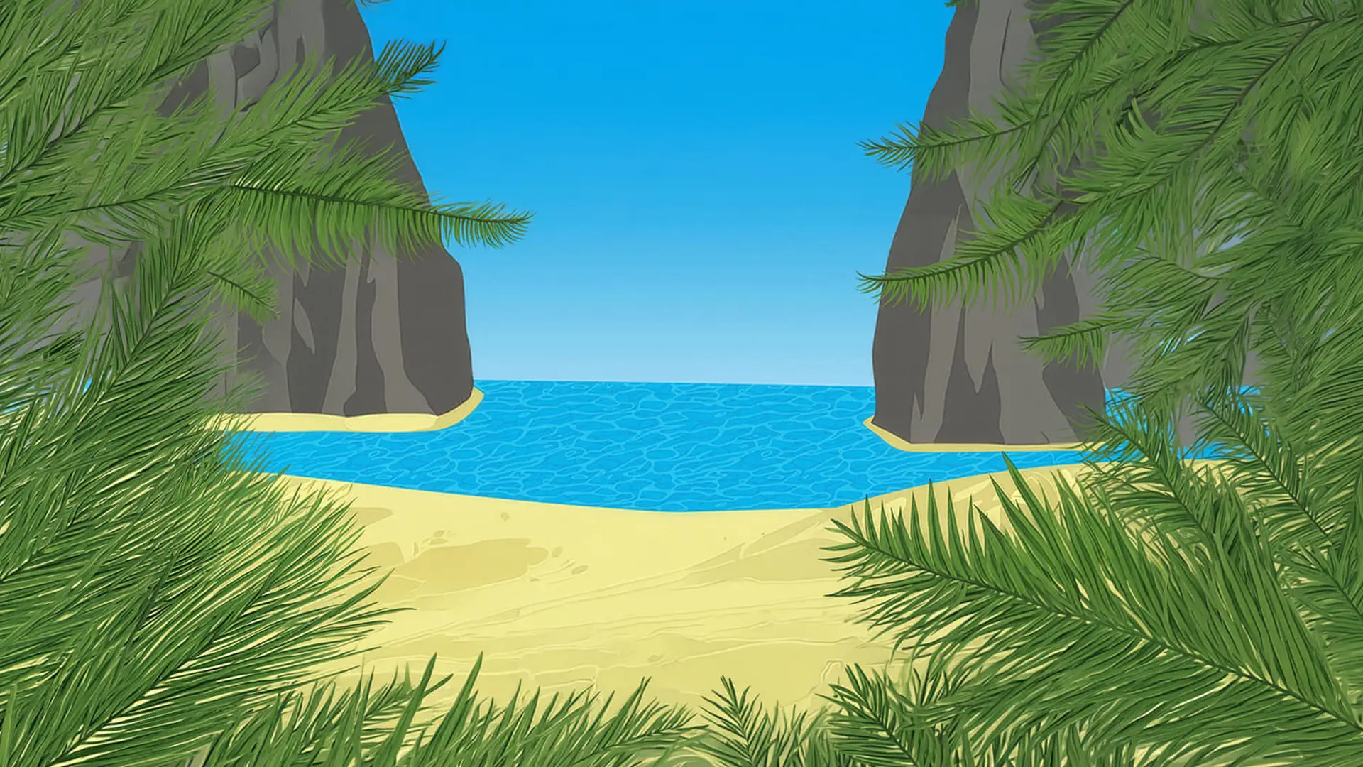 Illustration of a beach framed by green pine branches, with cliffs on either side and a clear blue sea under a bright sky.