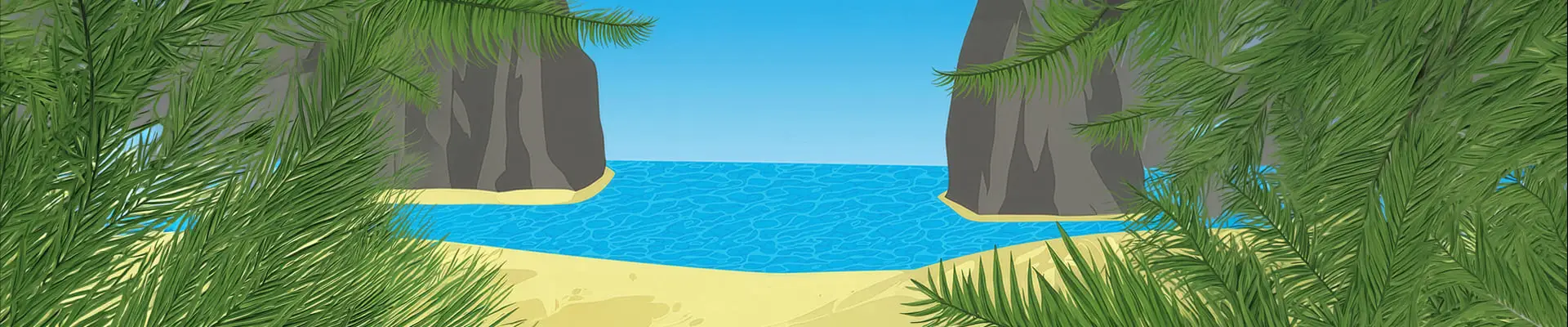 Illustration of a beach framed by green pine branches, with cliffs on either side and a clear blue sea under a bright sky.