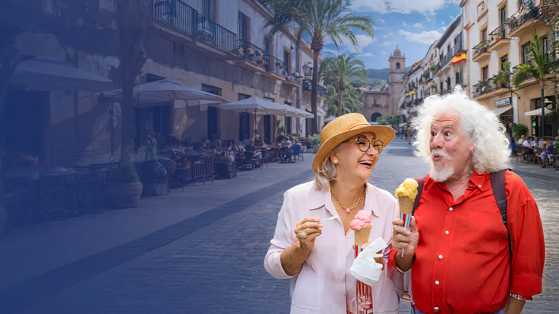 Elderly couple enjoying ice cream and laughing on a sunny street lined with palm trees and outdoor cafes.