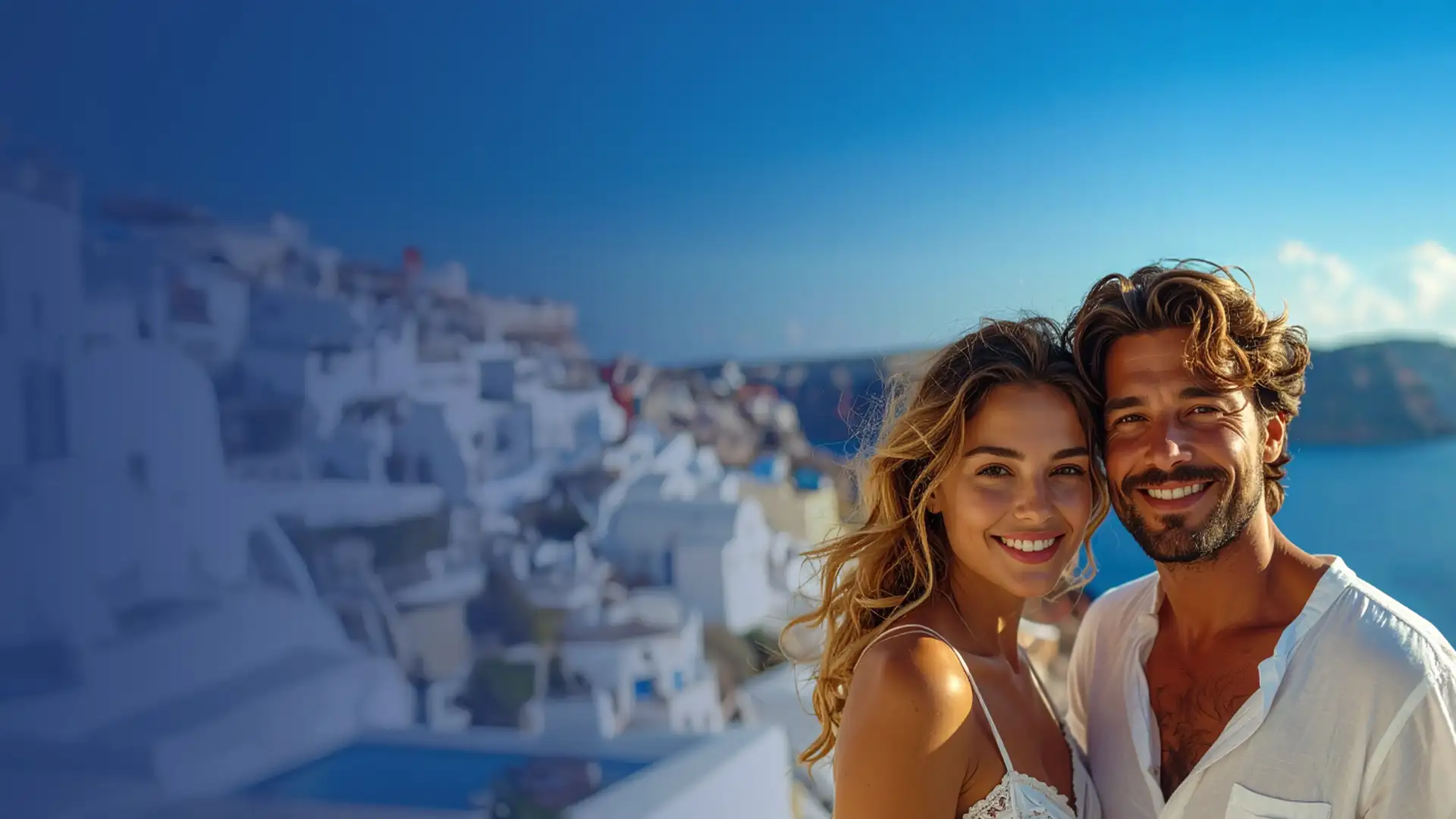 A smiling couple poses in front of white buildings on a cliffside overlooking a blue sea, under a clear sky.