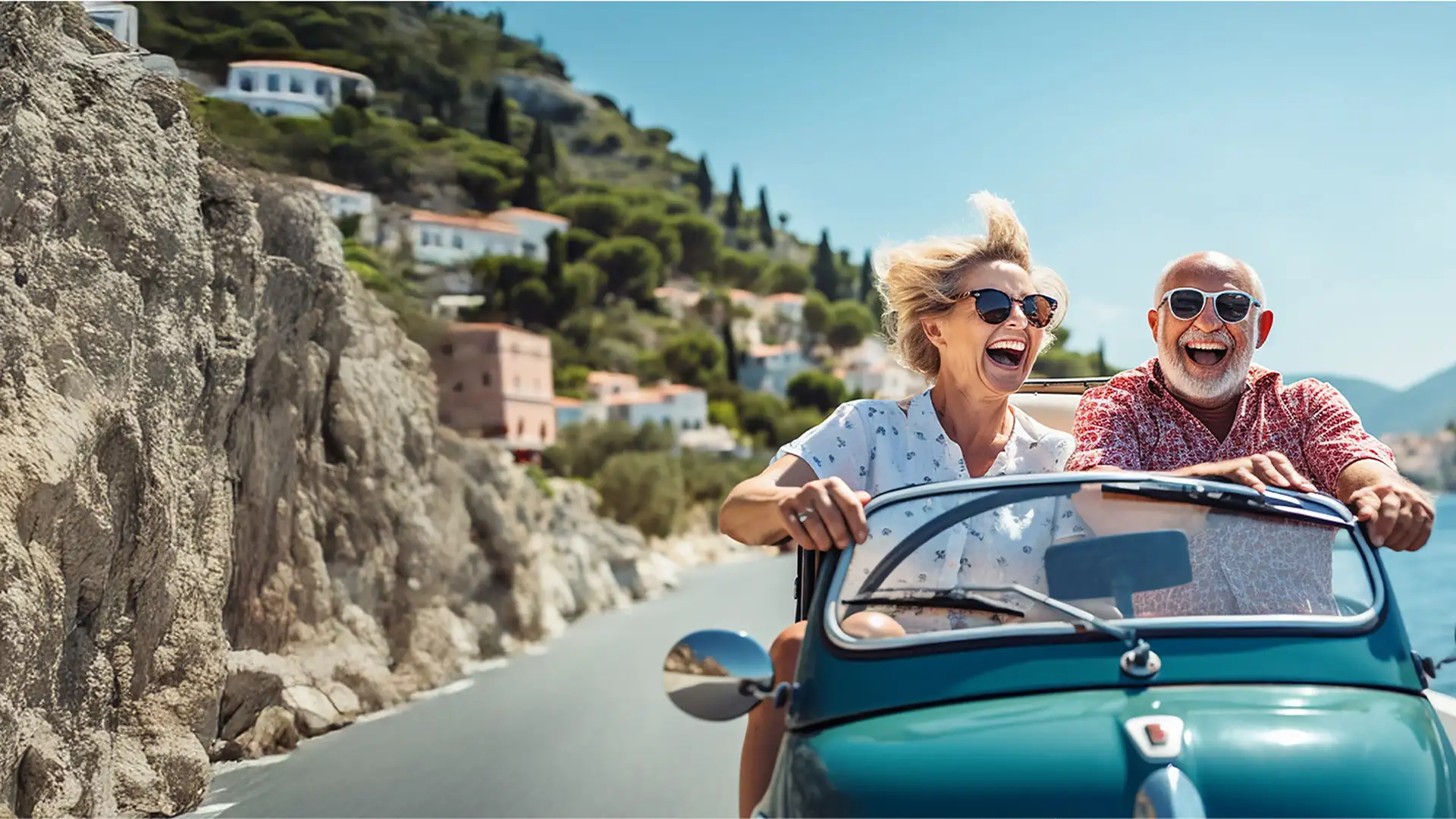 Elderly couple laughing in a teal vintage convertible cruising a sunny coastal road beside cliffs and blue sea.