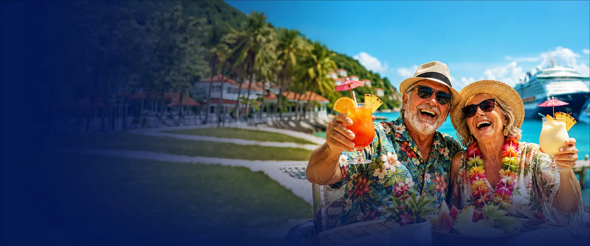 A smiling couple in tropical attire enjoys colorful cocktails on a sunny beach with a cruise ship and palm trees in the background.