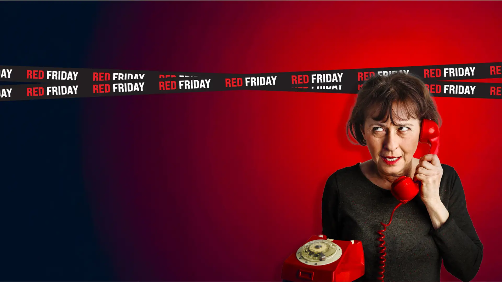 Woman holding red rotary phone against a red and blue background, with "Red Friday" text repeated in the background.