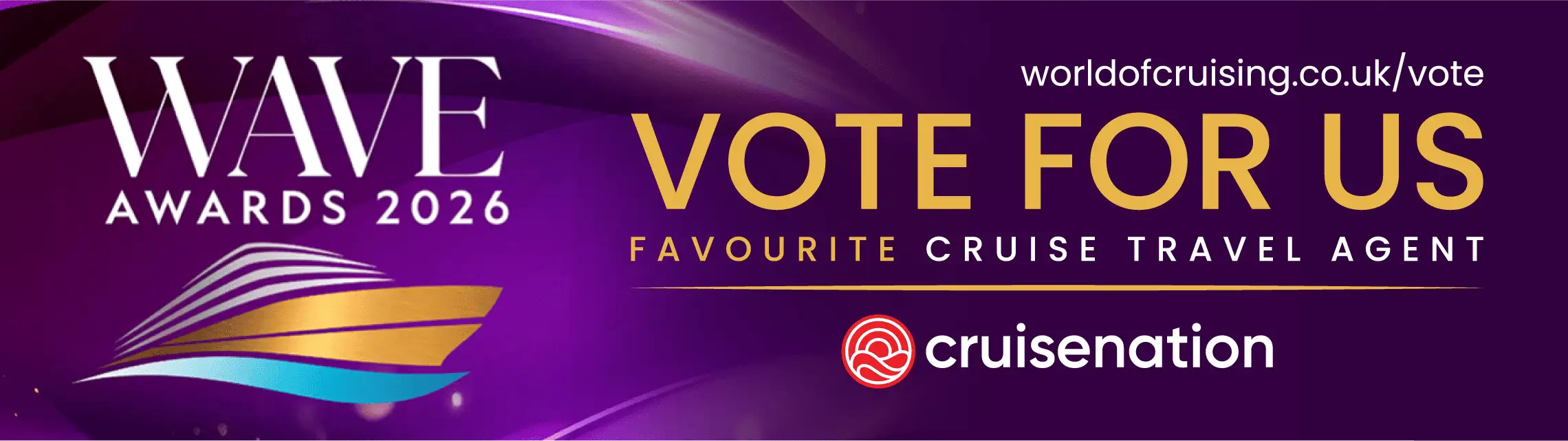 Banner for WAVE Awards 2026, urging votes for "Favourite Cruise Travel Agent" at worldofcruising.co.uk/vote, featuring Cruise Nation logo.