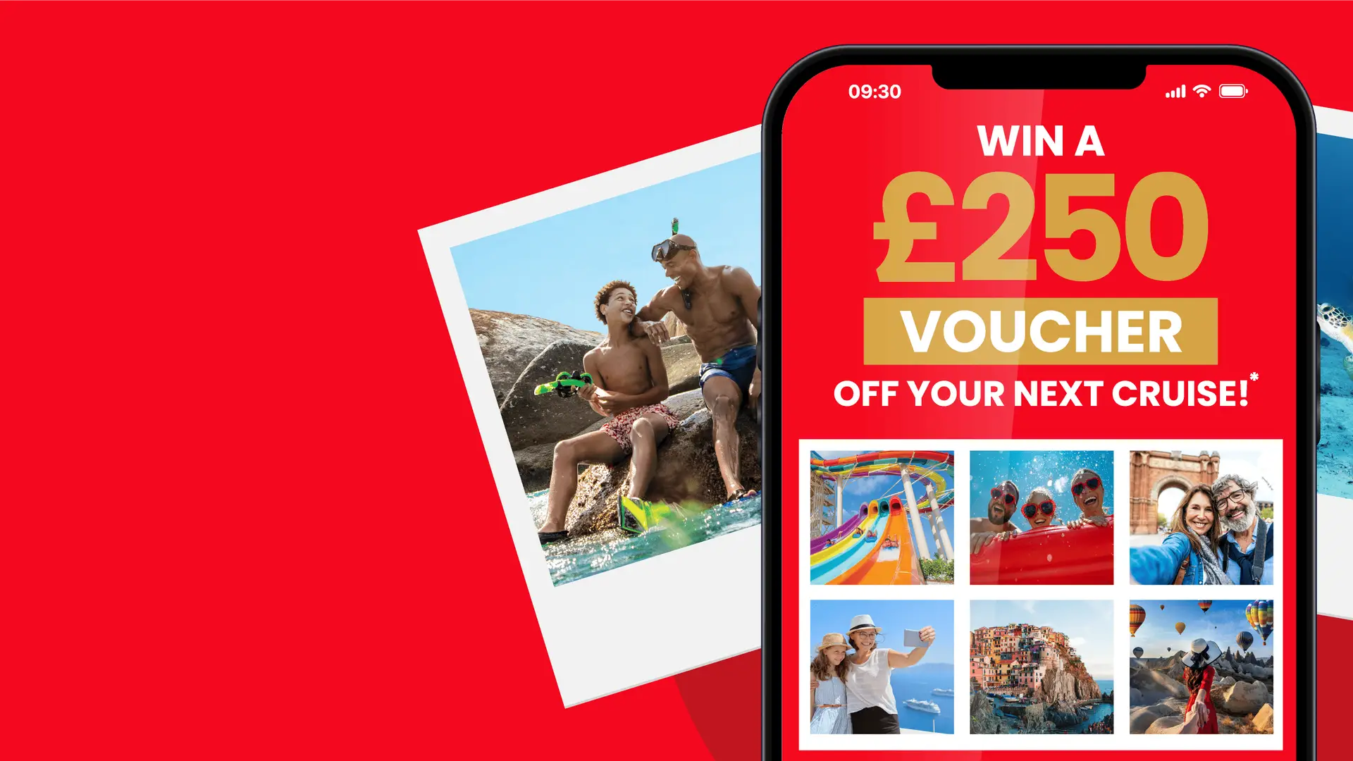 Smartphone screen with "Win a £250 voucher off your next cruise!" text, surrounded by vacation photos on a red background.