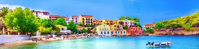 A photograph of a sunny coastal Mediterranean town