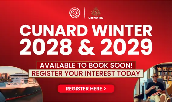 Advertisement for Cunard Winter 2028 & 2029 cruises, encouraging early registration. Includes images of a cruise ship and a person reading at home.