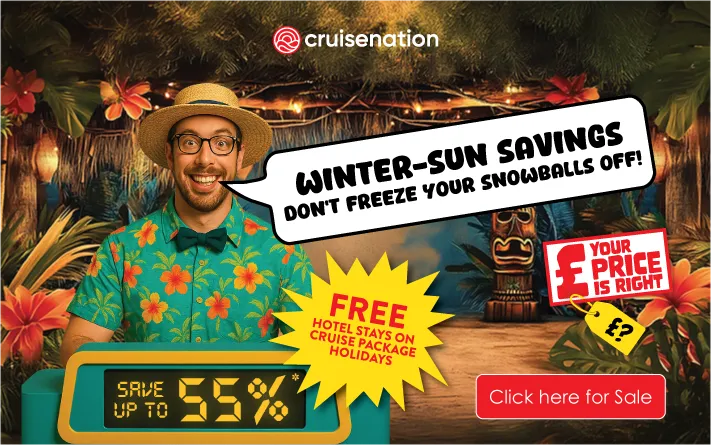 Deal nerd in Hawaiian shirt saying "Winter-sun savings, don't freeze your snowballs off" save up to 55%, tiki background and free hotel stays on cruise package holidays