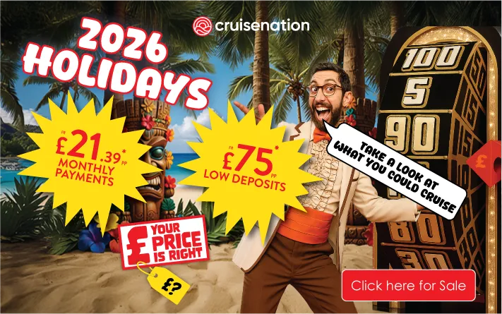 Deal nerd in fancy suit saying "take a look at what you could cruise" with a gameshow wheel behind him and a tiki beach background. £21.39 per person monthly payments, £75 per person low deposits