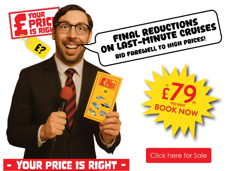 Deal nerd in black suit holding a mystery ticket saying "final reductions on last-minute, bid farewell to high prices" book now from £79 per person per night