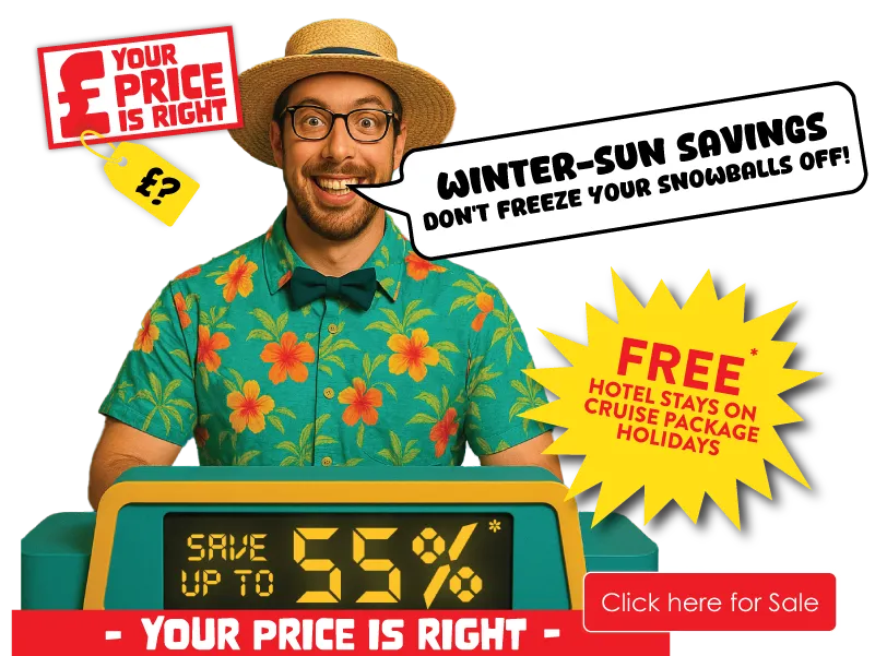 Deal nerd in summer hat & Hawaiian shirt saying "winter-sun savings, don't freeze your snowballs off!", free hotel stays and save up to 55%