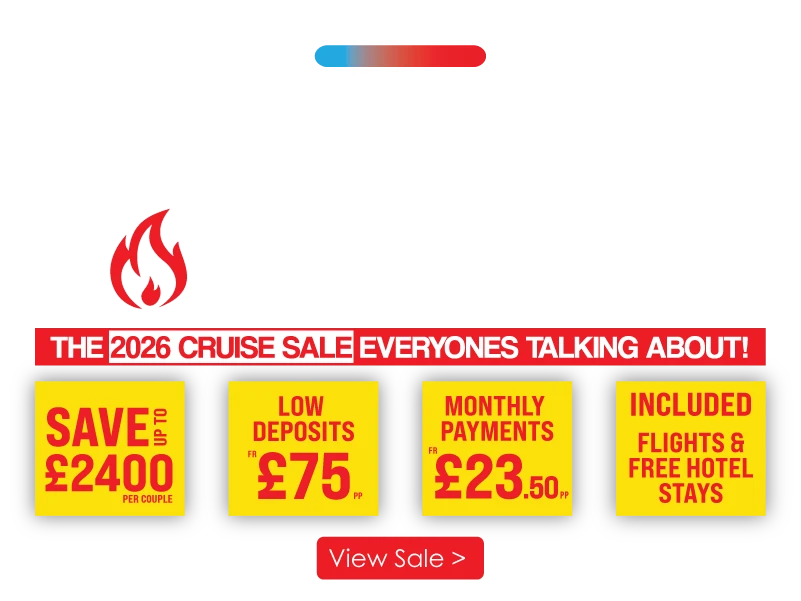 Promotional graphic for 2026 summer deals with savings, low deposits, and included flights and hotel stays. "View Sale" button at the bottom.