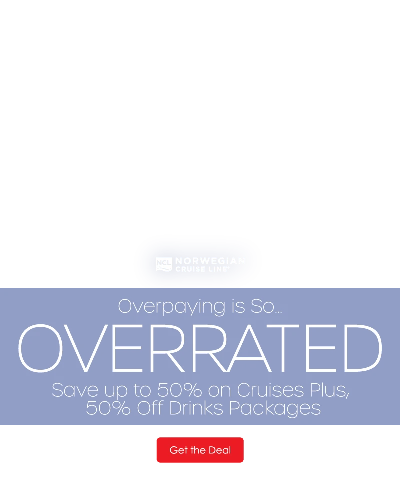 Promotional image for Norwegian Cruise Line offering up to 50% off on cruises and drinks packages, with a "Get the Deal" button.