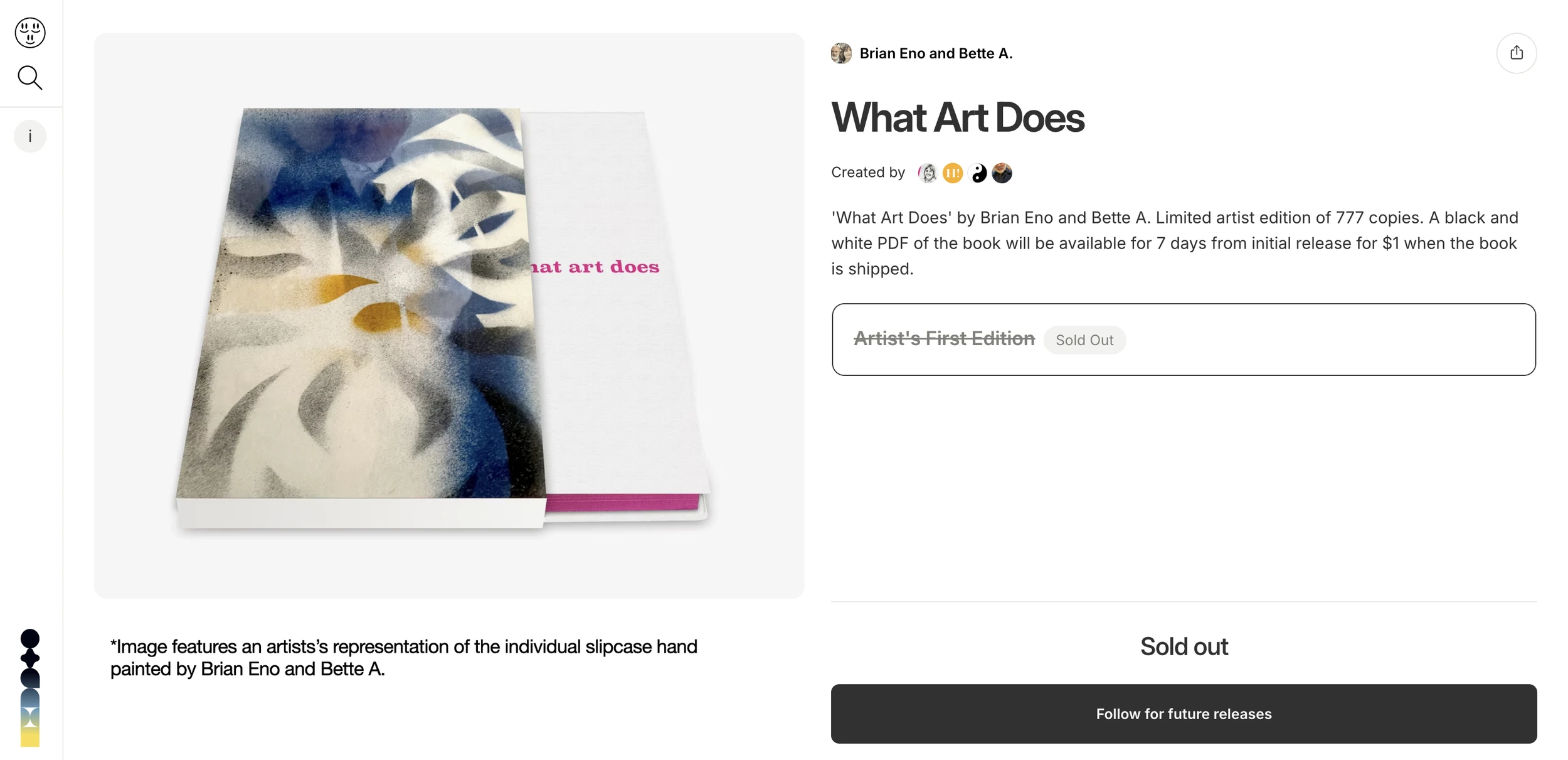 The “release” page for What Art Does, a book by Brian Eno and Bette A.