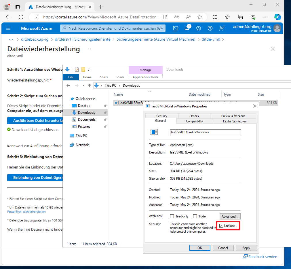 Ein Computerbildschirm mit einem Fenster mit Dateieigenschaften, in dem die Option „Freigabe“ hervorgehoben ist, überlagert eine deutsche Azure-Portalseite.