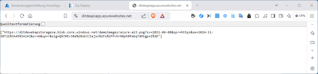 Ein Browserfenster, das eine URL mit einer langen Abfragezeichenfolge in der Adressleiste anzeigt.