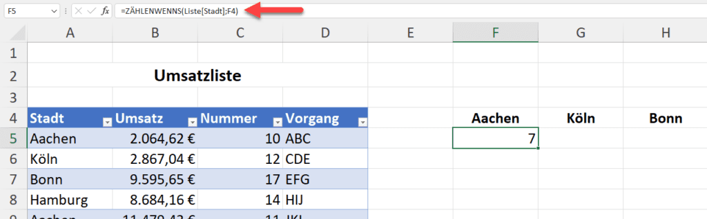 Ziehe in der Excel Tabelle die Formel nach links