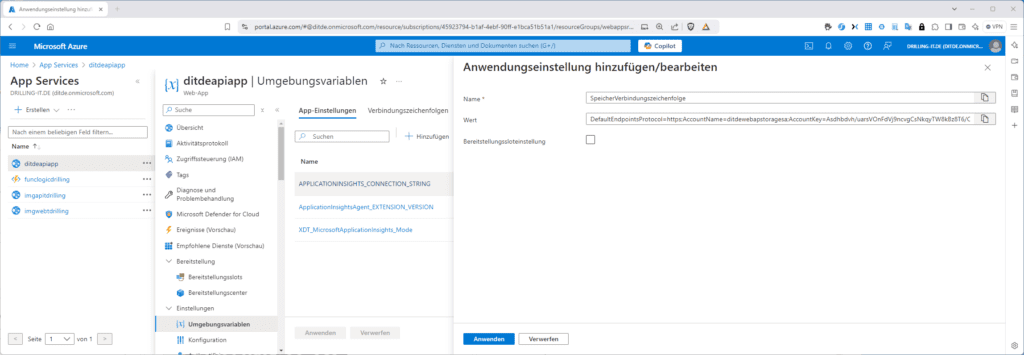 Screenshot eines Microsoft Azure-Portals mit Anwendungsdiensten und Optionen zum Hinzufügen von Anwendungseinstellungen im rechten Bereich.