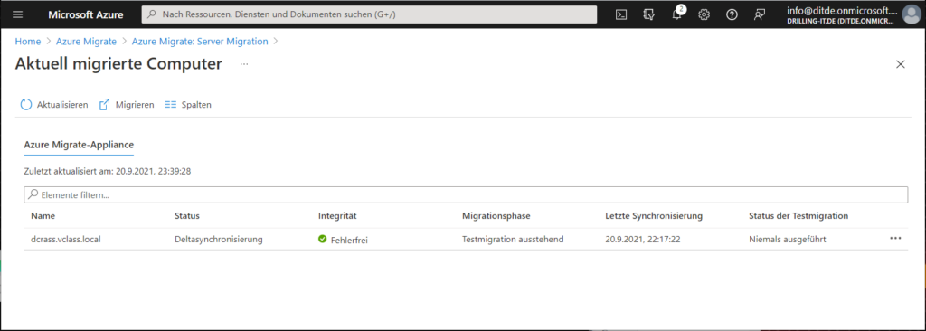 Der Status der Testmigration wird bei „Migrationsphase“ angezeigt