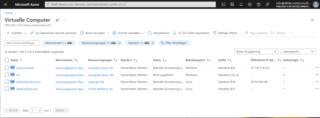 Die final migrierte VM „dc1“ in Azure