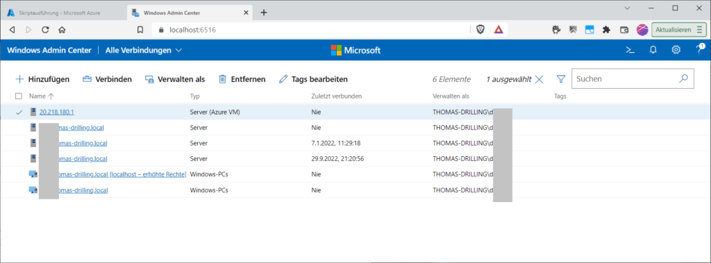 Eine neue Azure-VM in der lokalen Bestandsliste.