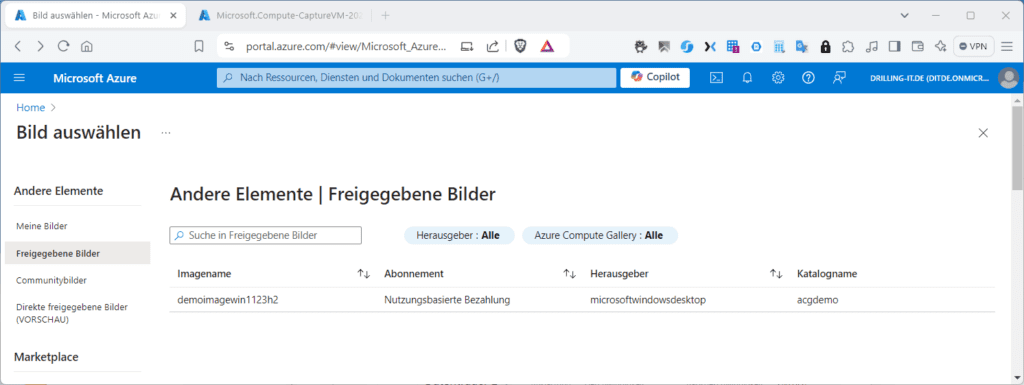 Screenshot einer Microsoft Azure-Portalseite, die eine Liste freigegebener Bilder mit Titeln, Abonnements, Herausgebern und Kategorien zeigt.