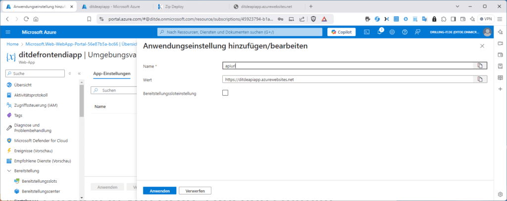 Screenshot des Microsoft Azure-Portals mit den Anwendungseinstellungen. Die Felder umfassen „Name“ und „URL“ mit einer Schaltfläche „Speichern“ am unteren Rand.
