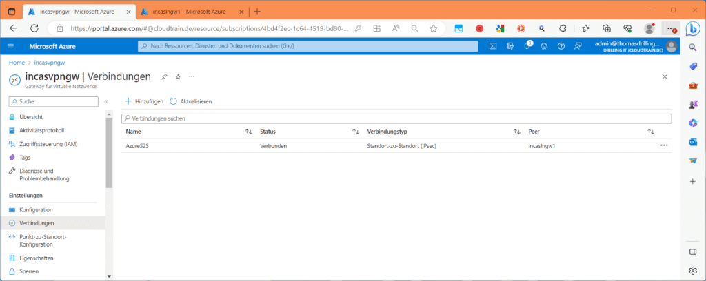 Erfolgreich aufgebaute Verbindung im VPN-Gateway.