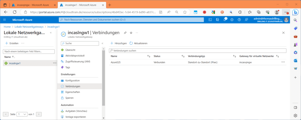 Erfolgreich aufgebaute Verbindung im lokalen Netzwerkgateway in Azure.