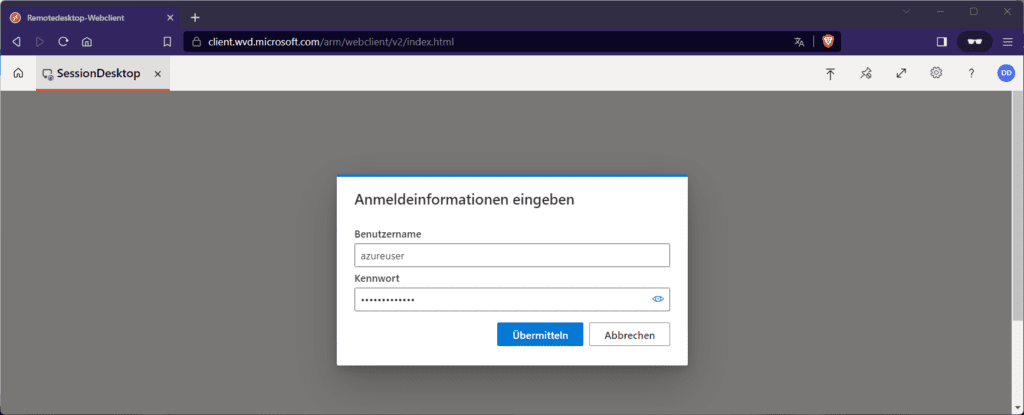 Das Anmelden am SessionDesktop mit zugehörigen Cloud-Konto (School&Work-Accoung)