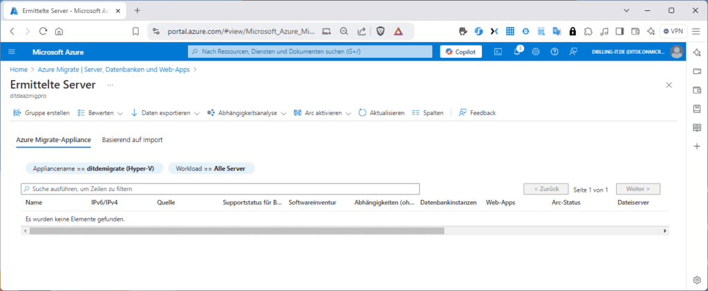 Screenshot des Microsoft Azure-Portals mit der Seite „Ermittelte Server“ mit Optionen für Azure Migrate Appliance und Serverdetails.