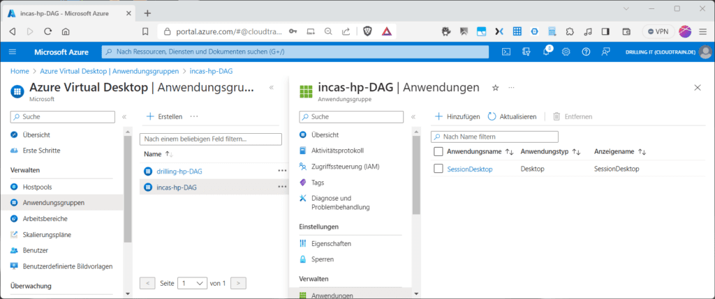 Die Anwendungsgruppen eines Hostpools mit ihren Anwendungen